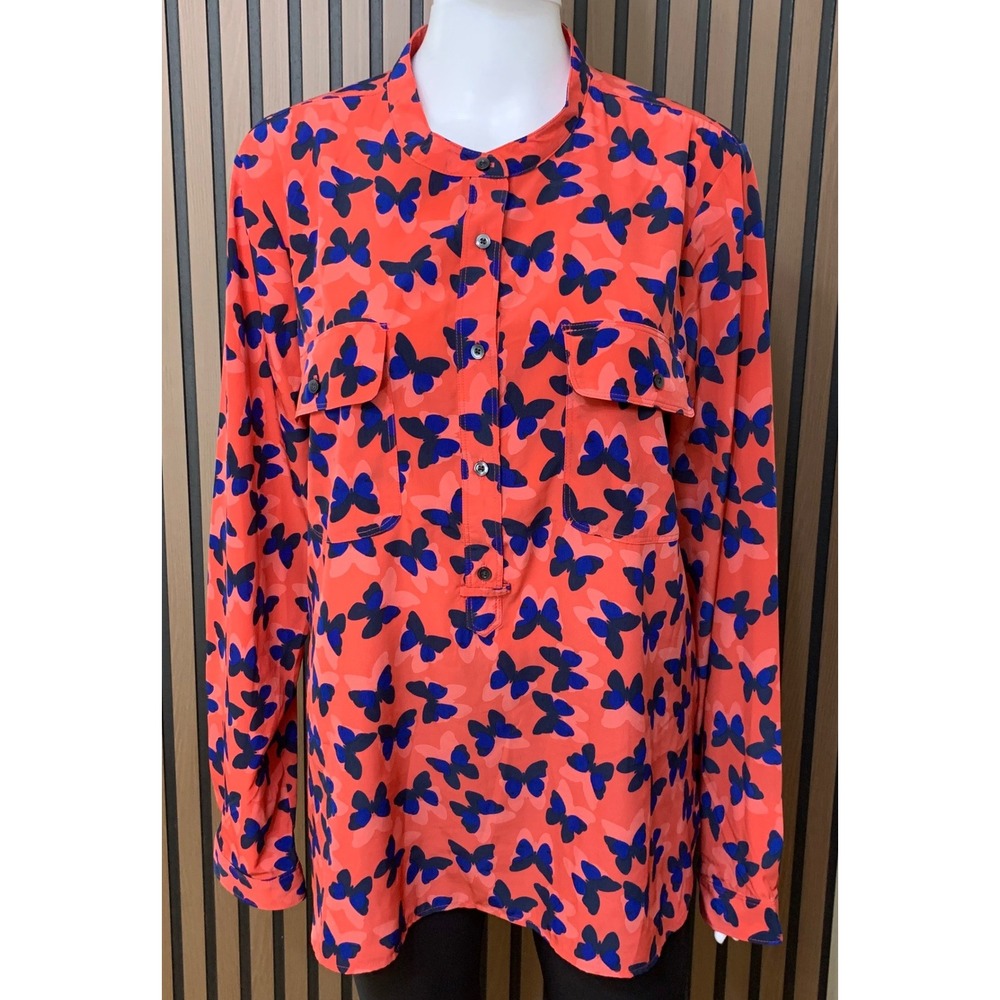 Gap Women's Coral Navy Butterfly Print Long Sleeve Blouse Band Collar Large